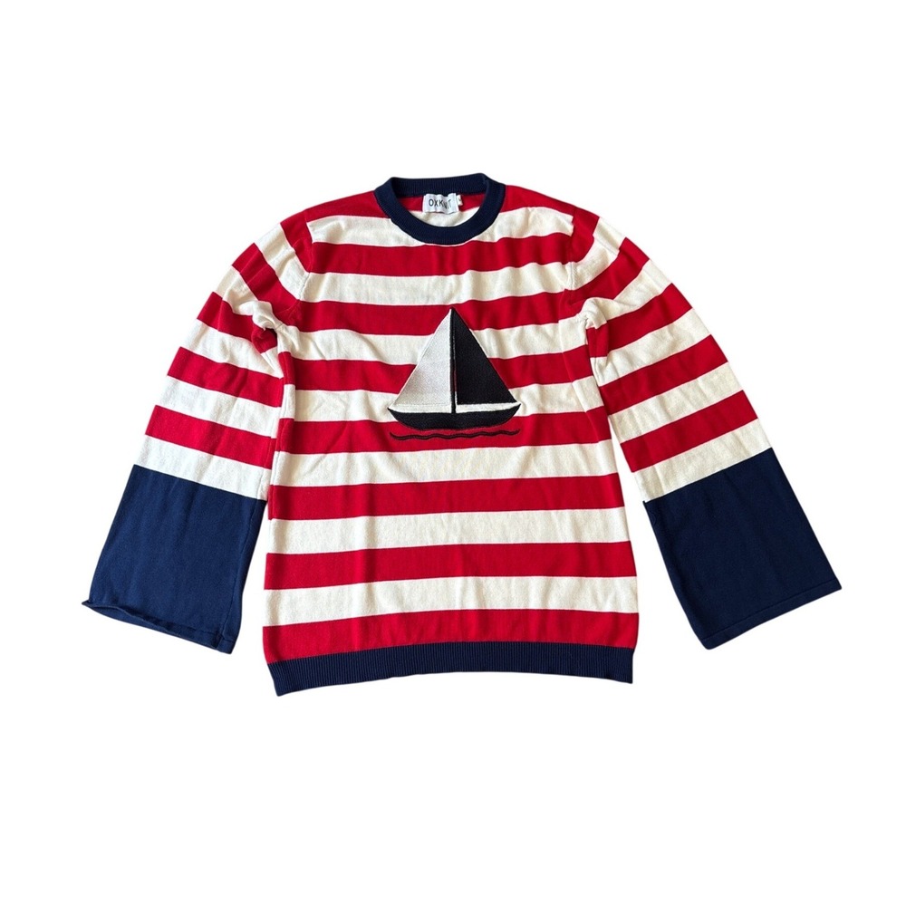 OXKNIT Sailboat Sweater Women Red White Nautical Striped Bell Sleeve SIZE M